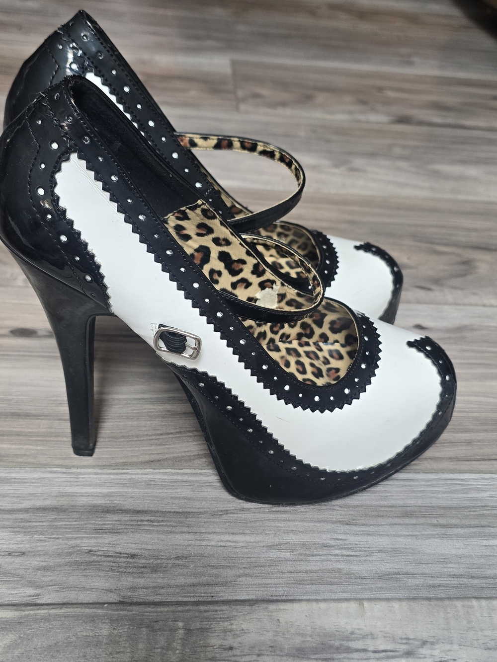 Bordello Black and White Mary Jane Heels with Leopard Insole